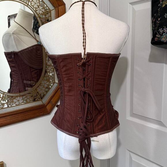 Charmian Metallic Brown & Faux Leather Steampunk Strapless Costume Corset Top - Picture 4 of 8